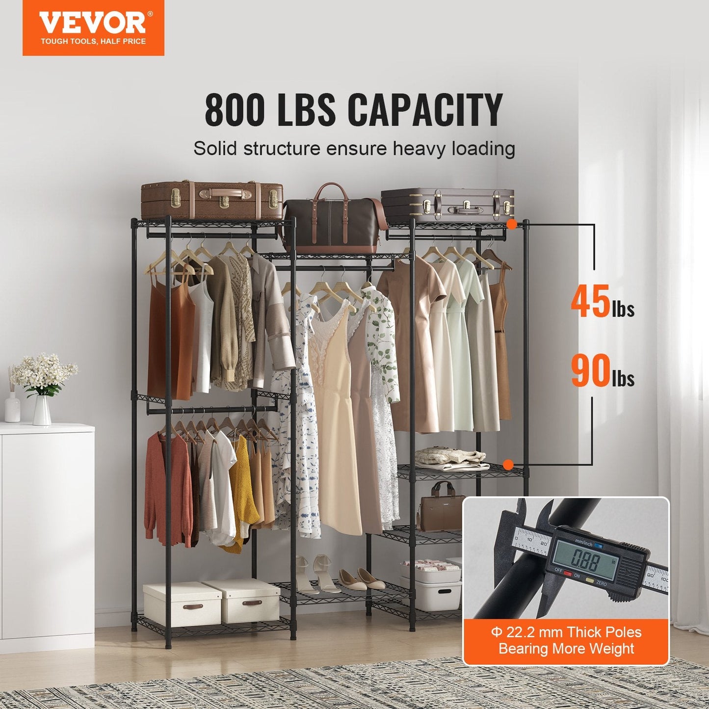 Heavy Duty Rolling Garment Rack with 4 Rods & 8 Tiers, 362 kg Capacity