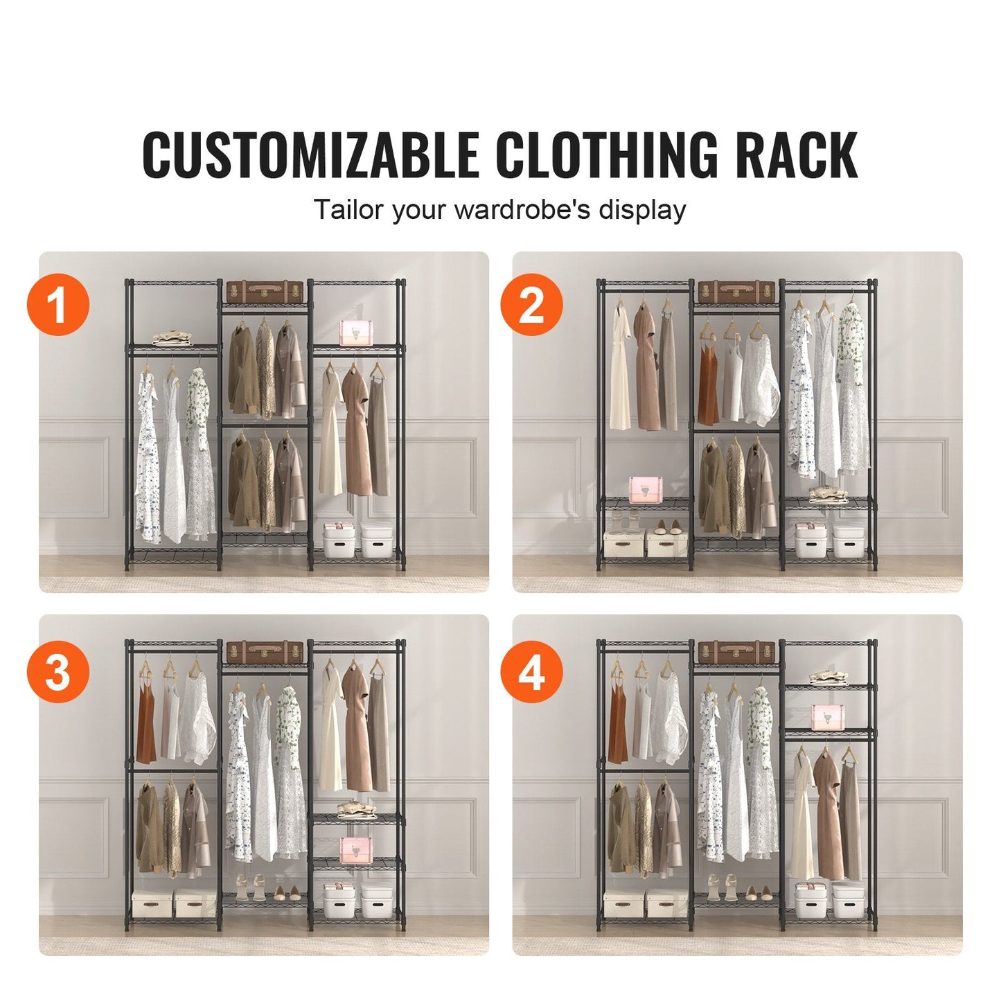 Heavy Duty Rolling Garment Rack with 4 Rods & 8 Tiers, 362 kg Capacity