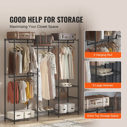Heavy duty clothes rack with four hanging rods and eight shelves supports up to 800 pounds