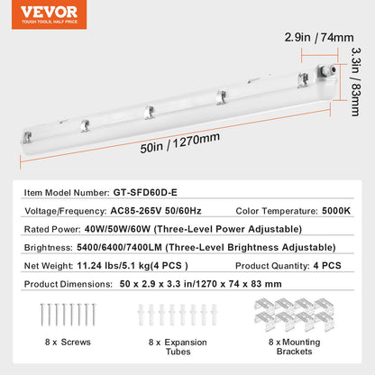 VEVOR 4FT LED Vapor Tight Light, 60W/50W/40W Selectable, 5000K Vapor Proof Light