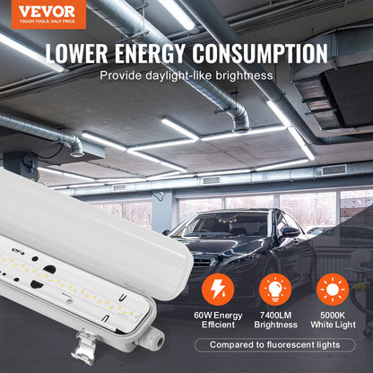 VEVOR 4FT LED Vapor Tight Light, 60W, 7400LM Vapor Proof Light Fixture with 5000K
