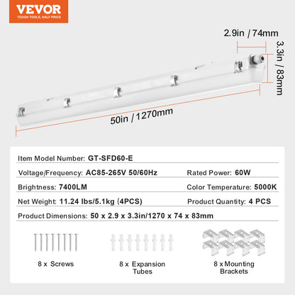 VEVOR 4FT LED Vapor Tight Light, 60W, 7400LM Vapor Proof Light Fixture with 5000K