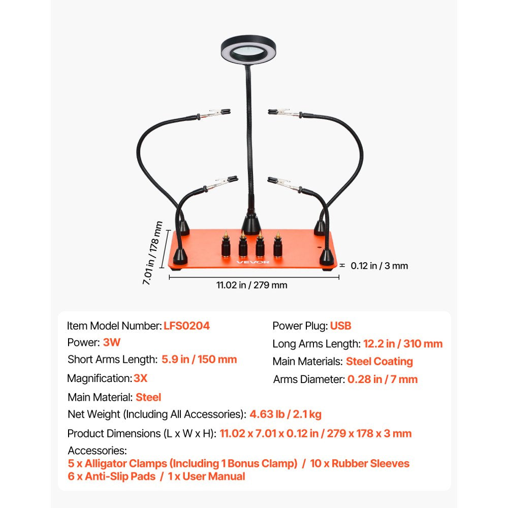 VEVOR Magnetic Helping Hands Soldering Station 3X LED Magnifying Lamp 4 PCB Holders