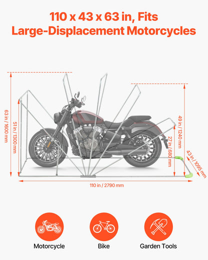 Motorcycle Storage Shelter with Security Lock, 600D Oxford Flip-Up Garage Tent, Heavy-Duty All-Weather Motorcycle Cover with Ventilation Windows, 279x109.5x160 cm Outdoor Vehicle Shelter, Black