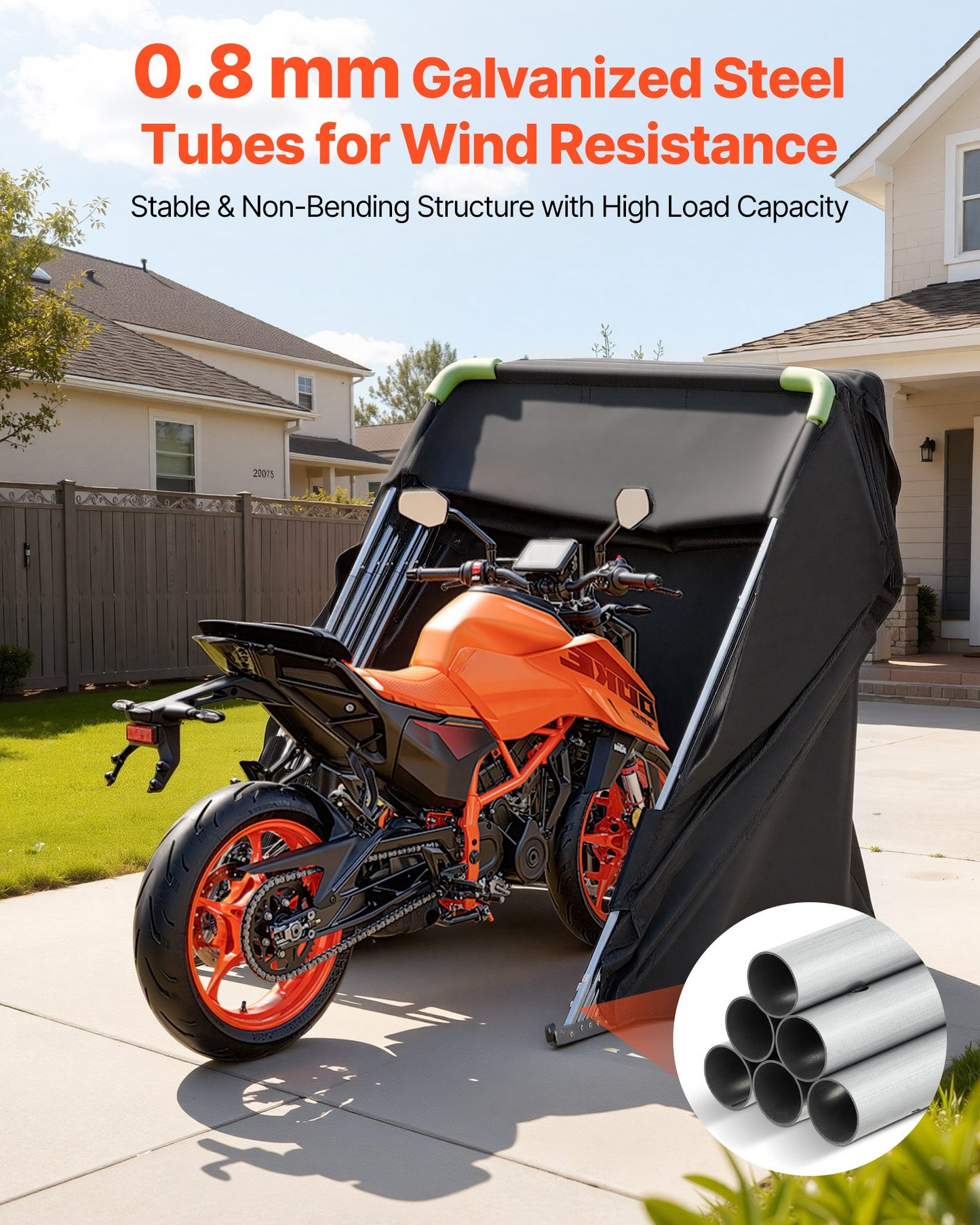 Motorcycle Storage Shelter with Security Lock, 600D Oxford Flip-Up Garage Tent, Heavy-Duty All-Weather Motorcycle Cover with Ventilation Windows, 279x109.5x160 cm Outdoor Vehicle Shelter, Black