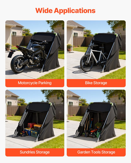 Motorcycle Storage Shelter with Security Lock, 600D Oxford Flip-Up Garage Tent, Heavy-Duty All-Weather Motorcycle Cover with Ventilation Windows, 279x109.5x160 cm Outdoor Vehicle Shelter, Black