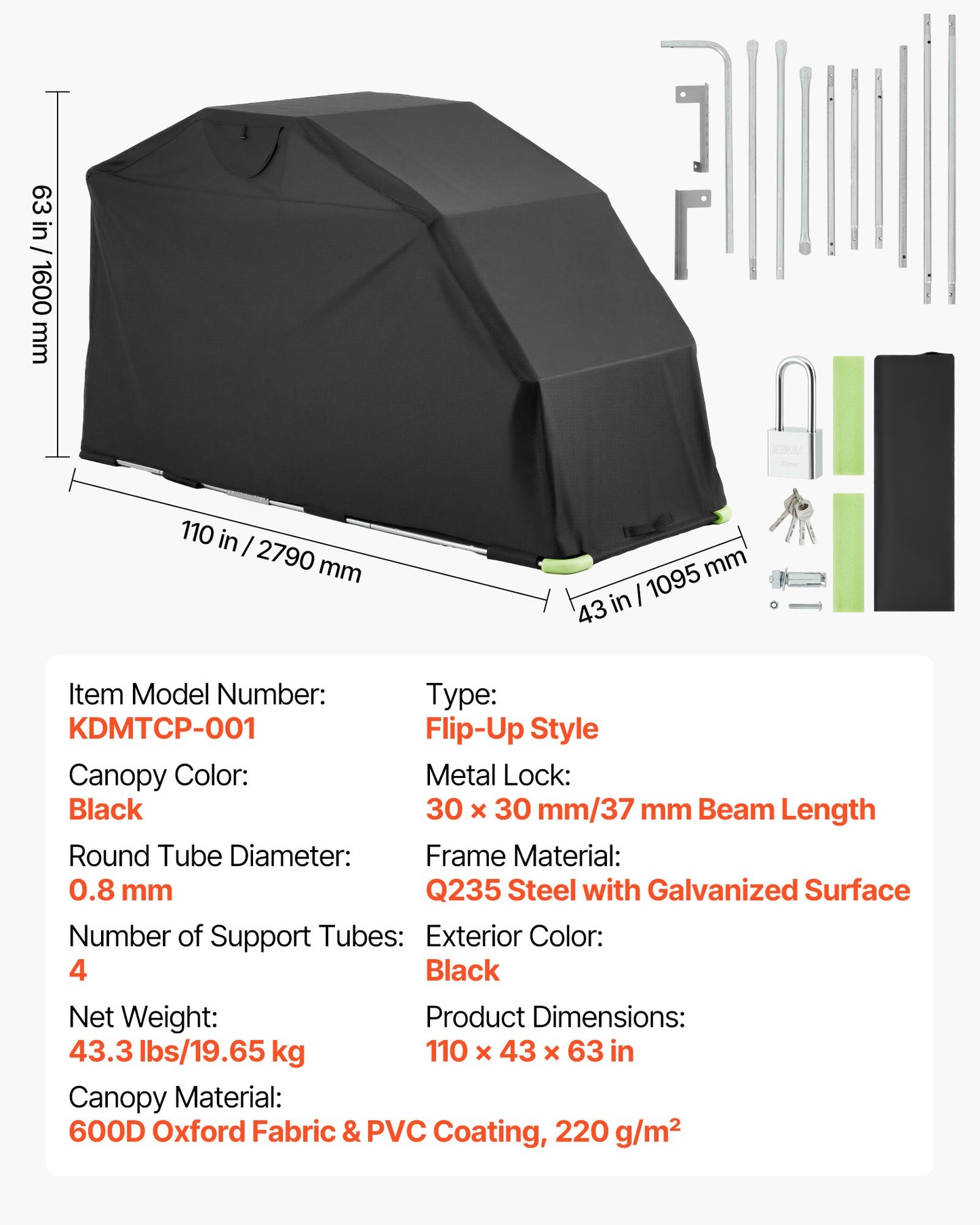 Motorcycle Storage Shelter with Security Lock, 600D Oxford Flip-Up Garage Tent, Heavy-Duty All-Weather Motorcycle Cover with Ventilation Windows, 279x109.5x160 cm Outdoor Vehicle Shelter, Black