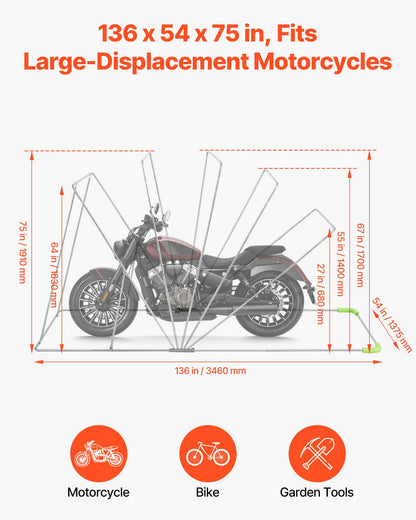 Motorcycle Storage Shelter with Security Lock, 600D Oxford Flip-Up Garage Tent, Heavy-Duty All-Weather Motorcycle Cover with Ventilation Windows, 346x137.5x190 cm Outdoor Vehicle Shelter, Black