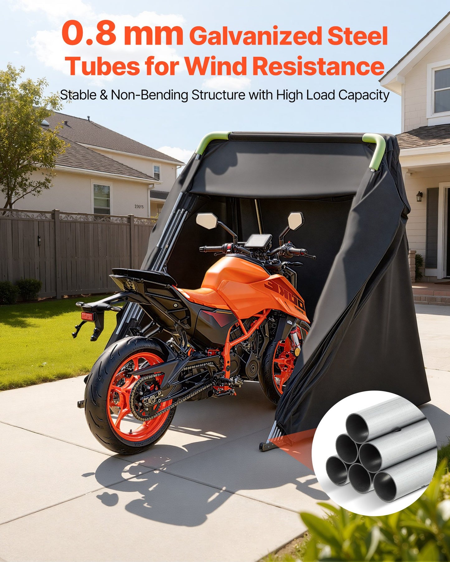 Motorcycle Storage Shelter with Security Lock, 600D Oxford Flip-Up Garage Tent, Heavy-Duty All-Weather Motorcycle Cover with Ventilation Windows, 346x137.5x190 cm Outdoor Vehicle Shelter, Black