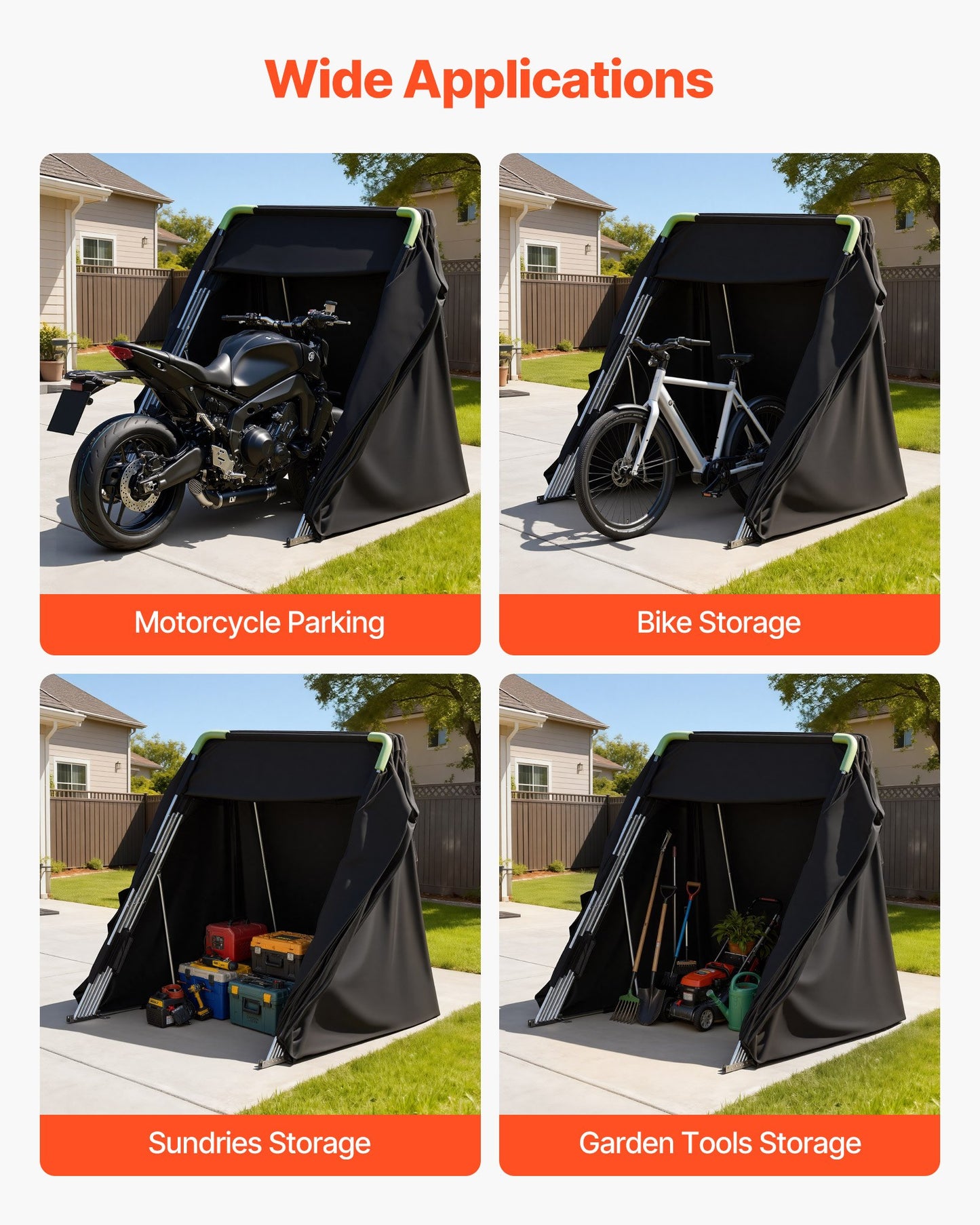 Motorcycle Storage Shelter with Security Lock, 600D Oxford Flip-Up Garage Tent, Heavy-Duty All-Weather Motorcycle Cover with Ventilation Windows, 346x137.5x190 cm Outdoor Vehicle Shelter, Black