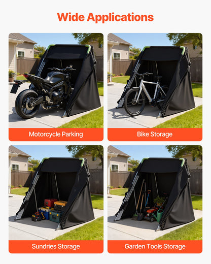 Motorcycle Storage Shelter with Security Lock, 600D Oxford Flip-Up Garage Tent, Heavy-Duty All-Weather Motorcycle Cover with Ventilation Windows, 346x137.5x190 cm Outdoor Vehicle Shelter, Black
