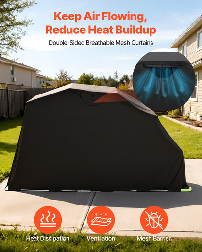 Motorcycle Storage Shelter with Security Lock, 600D Oxford Flip-Up Garage Tent, Heavy-Duty All-Weather Motorcycle Cover with Ventilation Windows, 346x137.5x190 cm Outdoor Vehicle Shelter, Black