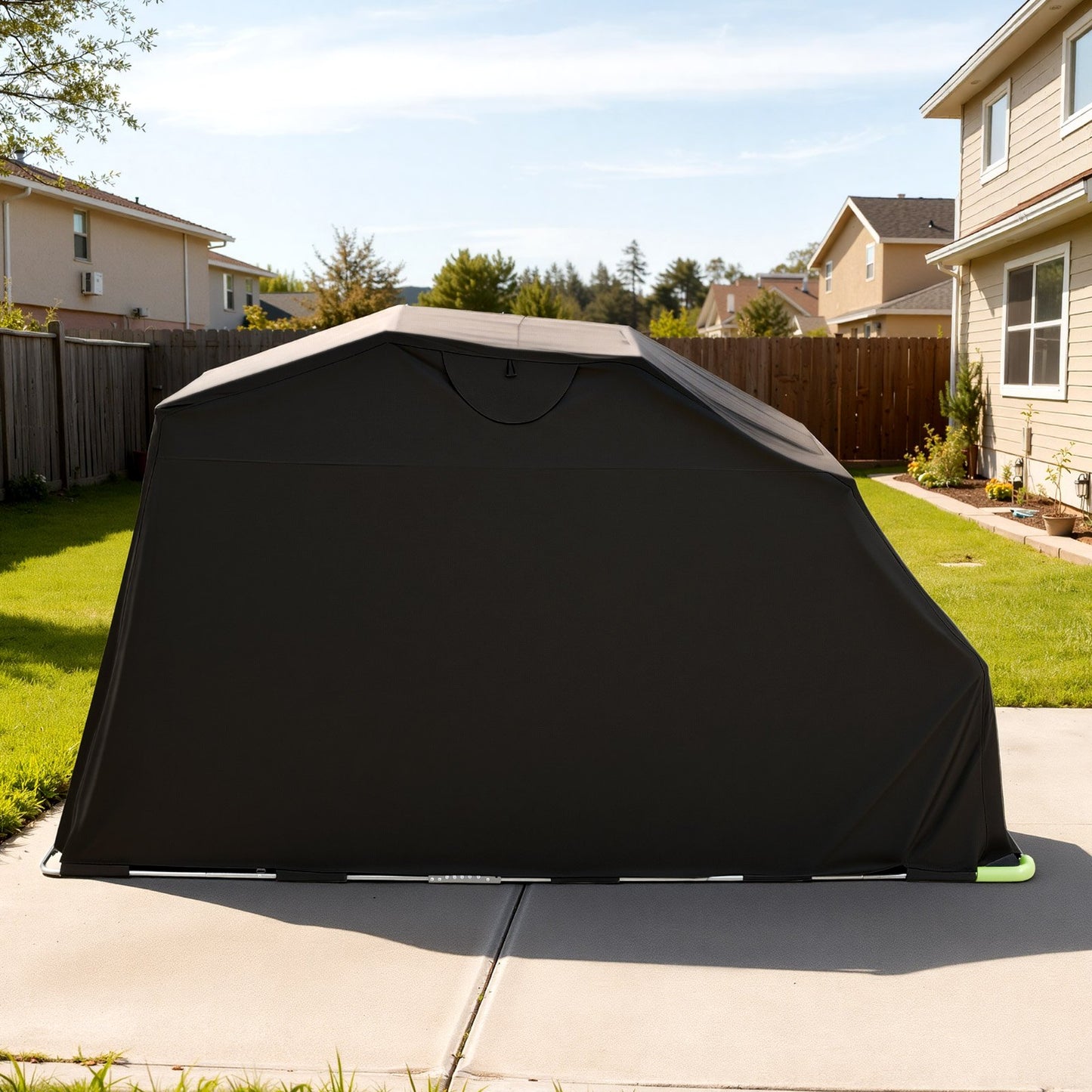 Motorcycle Storage Shelter with Security Lock, 600D Oxford Flip-Up Garage Tent, Heavy-Duty All-Weather Motorcycle Cover with Ventilation Windows, 346x137.5x190 cm Outdoor Vehicle Shelter, Black