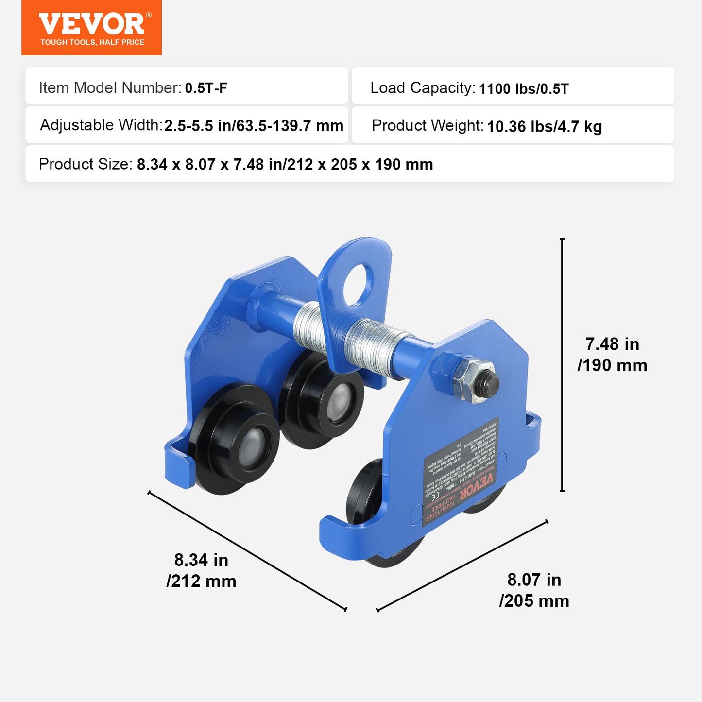 VEVOR Manual Trolley, 0.5 Ton Load Capacity Push Beam Trolley with Dual Wheels,