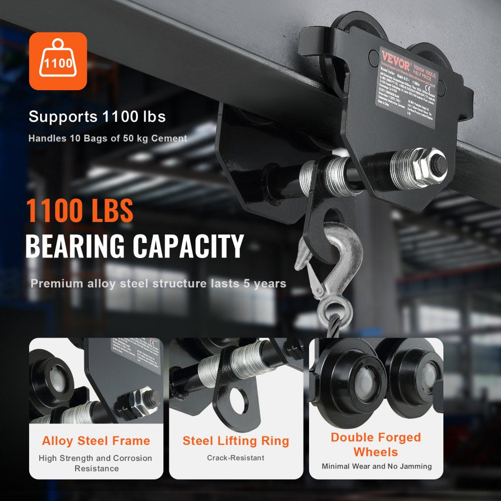 Manual Trolley, 0.5 Ton Load Capacity Push Beam Trolley with Dual Wheels, Adjustable for I-Beam Flange Width 63.5 mm to 