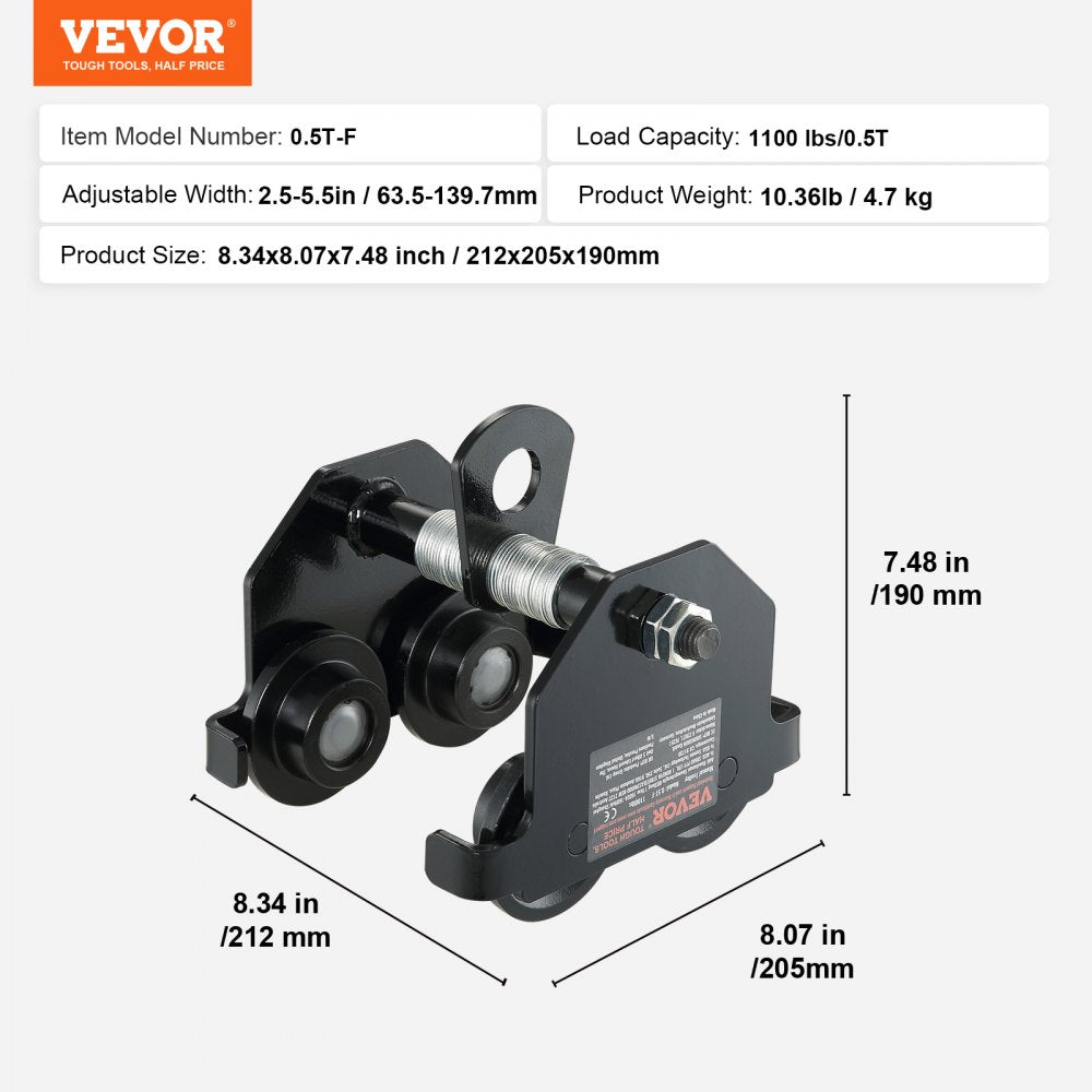 Manual Trolley, 0.5 Ton Load Capacity Push Beam Trolley with Dual Wheels, Adjustable for I-Beam Flange Width 63.5 mm to 