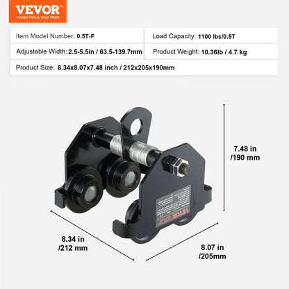 Manual Trolley, 0.5 Ton Load Capacity Push Beam Trolley with Dual Wheels, Adjustable for I-Beam Flange Width 63.5 mm to 
