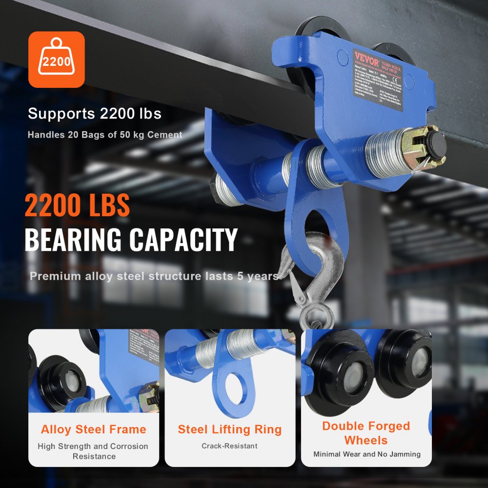 Manual Trolley, 1 Ton Load Capacity, Push Beam Trolley with Dual Wheels, Adjustable for I-Beam Flange Width 63.5 mm to 1