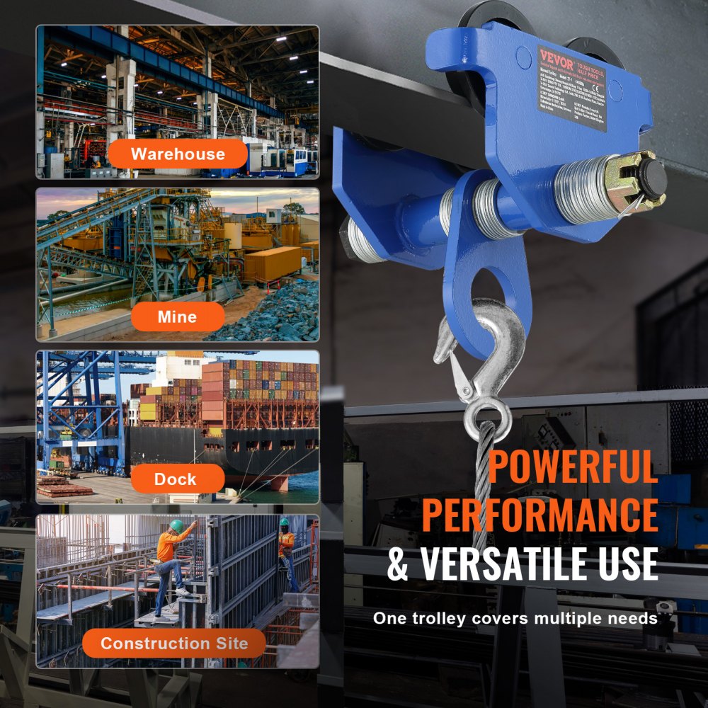 Manual Trolley, 1 Ton Load Capacity, Push Beam Trolley with Dual Wheels, Adjustable for I-Beam Flange Width 63.5 mm to 1