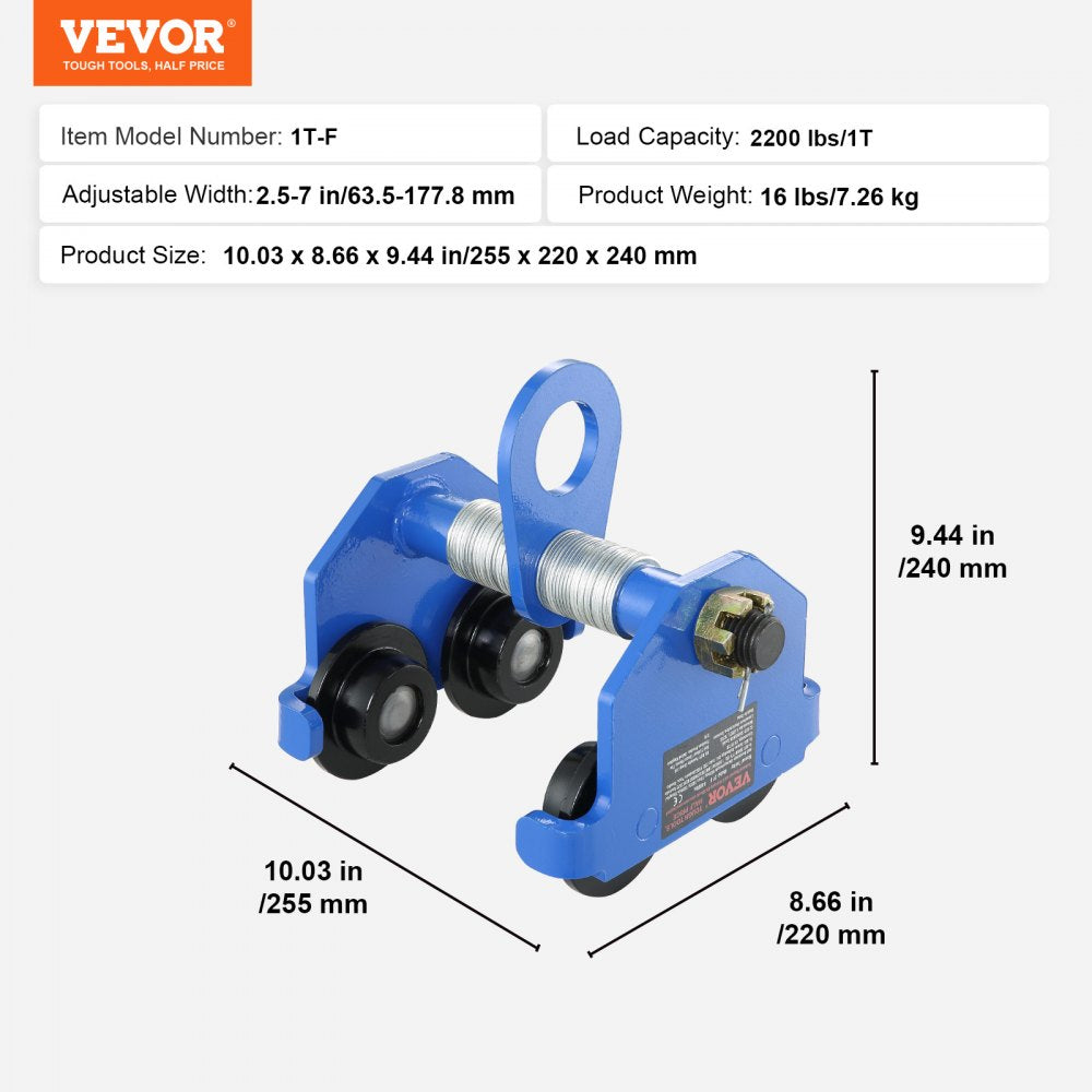 Manual Trolley, 1 Ton Load Capacity, Push Beam Trolley with Dual Wheels, Adjustable for I-Beam Flange Width 63.5 mm to 1
