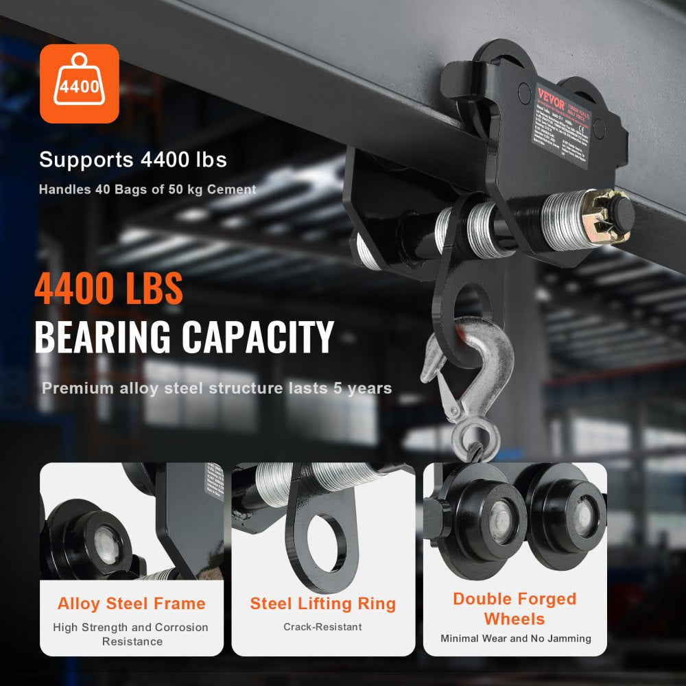 Manual Trolley, 2 Ton Load Capacity, Push Beam Trolley with Dual Wheels, Adjustable for I-Beam Flange Width 63.5 mm to 1