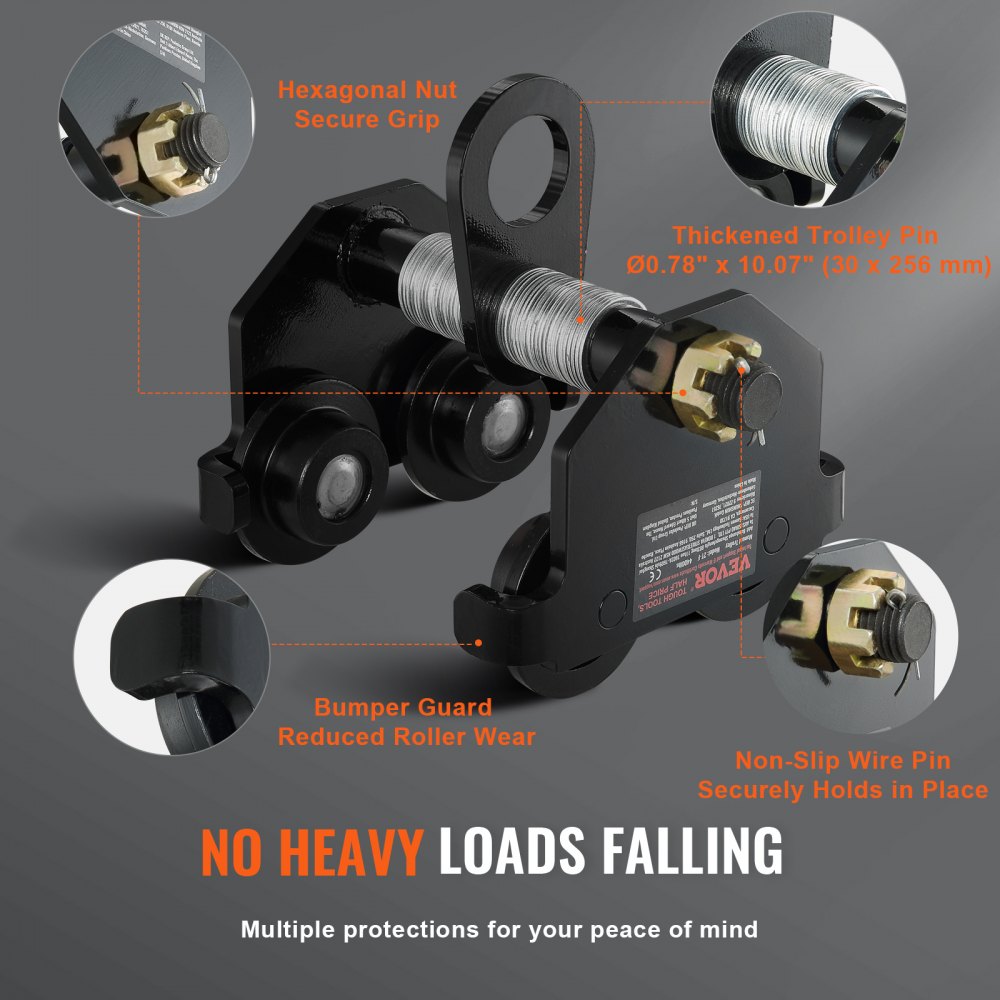 Manual Trolley, 2 Ton Load Capacity, Push Beam Trolley with Dual Wheels, Adjustable for I-Beam Flange Width 63.5 mm to 1