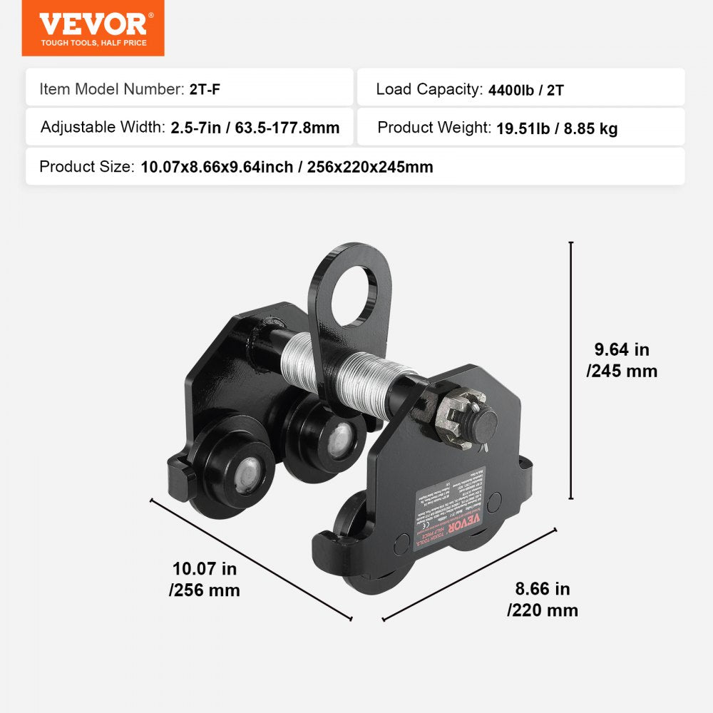Manual Trolley, 2 Ton Load Capacity, Push Beam Trolley with Dual Wheels, Adjustable for I-Beam Flange Width 63.5 mm to 1