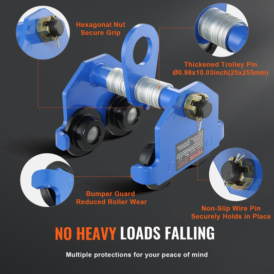 1 Ton Manual Push Beam Trolley, Adjustable 0.06-0.18 m Flange, Dual Wheels