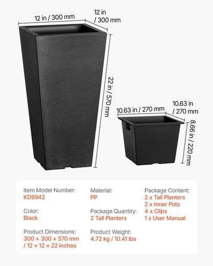 VEVOR Tall Planter Set of 2 Square Tapered Planters 57 cm for Outdoor Indoor