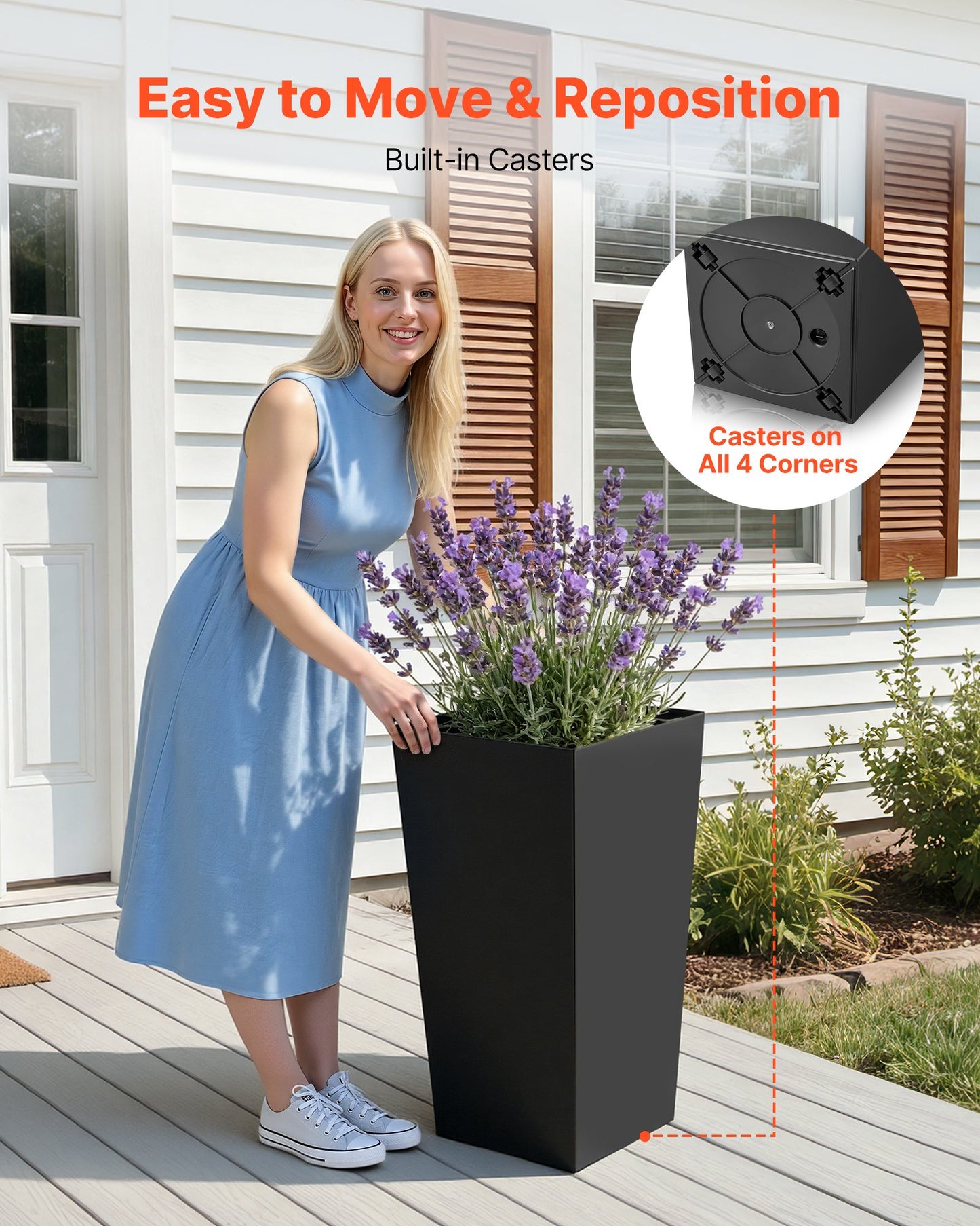Tall Planters Set of 2, 750 mm Large Outdoor Taper Planters for Outdoor Indoor Plants, Front Porch Plastic Modern Flower Pots with Casters, Inner Pot & Drainage Holes for Patio, Garden, Black