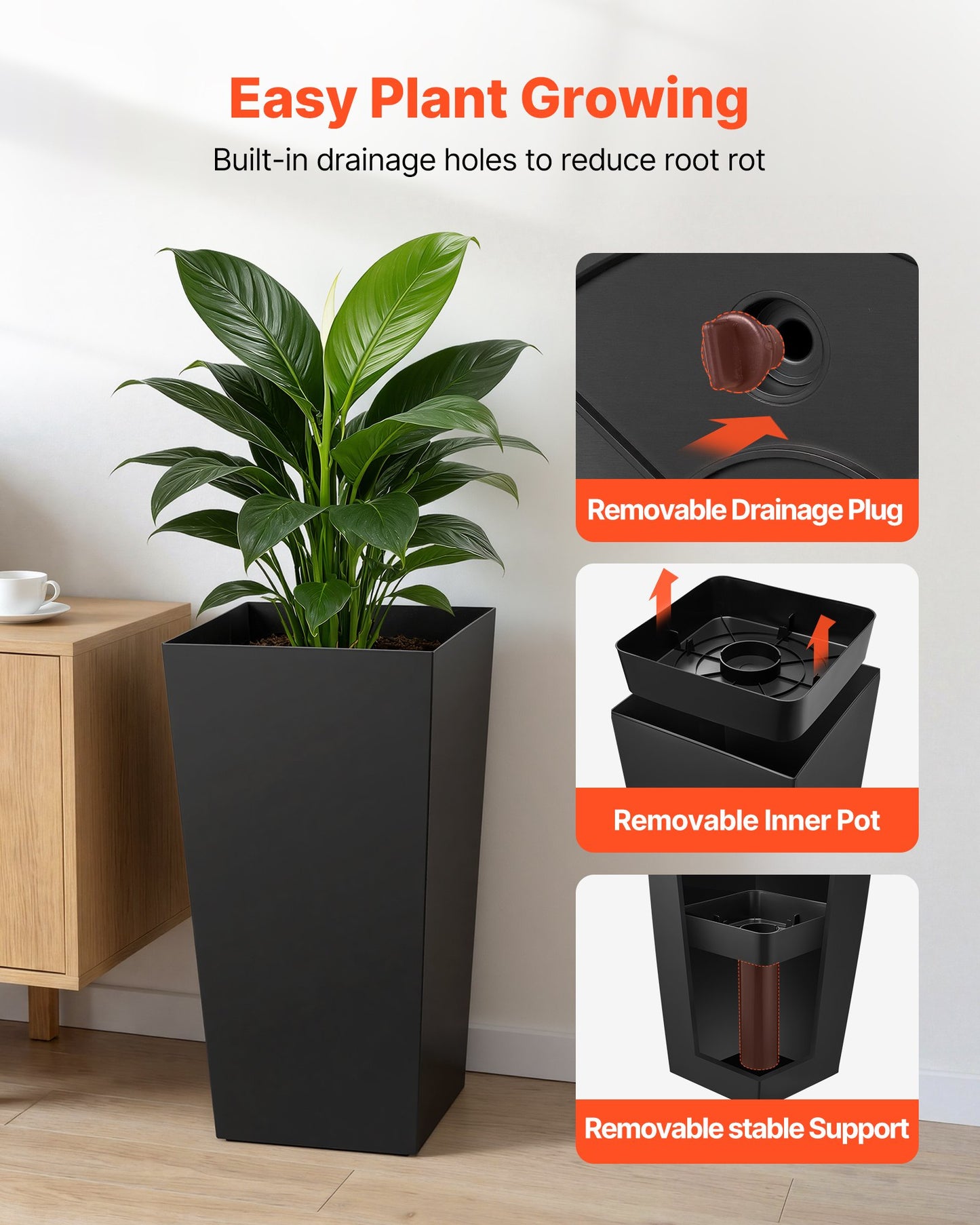 Tall Planters Set of 2, 750 mm Large Outdoor Taper Planters for Outdoor Indoor Plants, Front Porch Plastic Modern Flower Pots with Casters, Inner Pot & Drainage Holes for Patio, Garden, Black