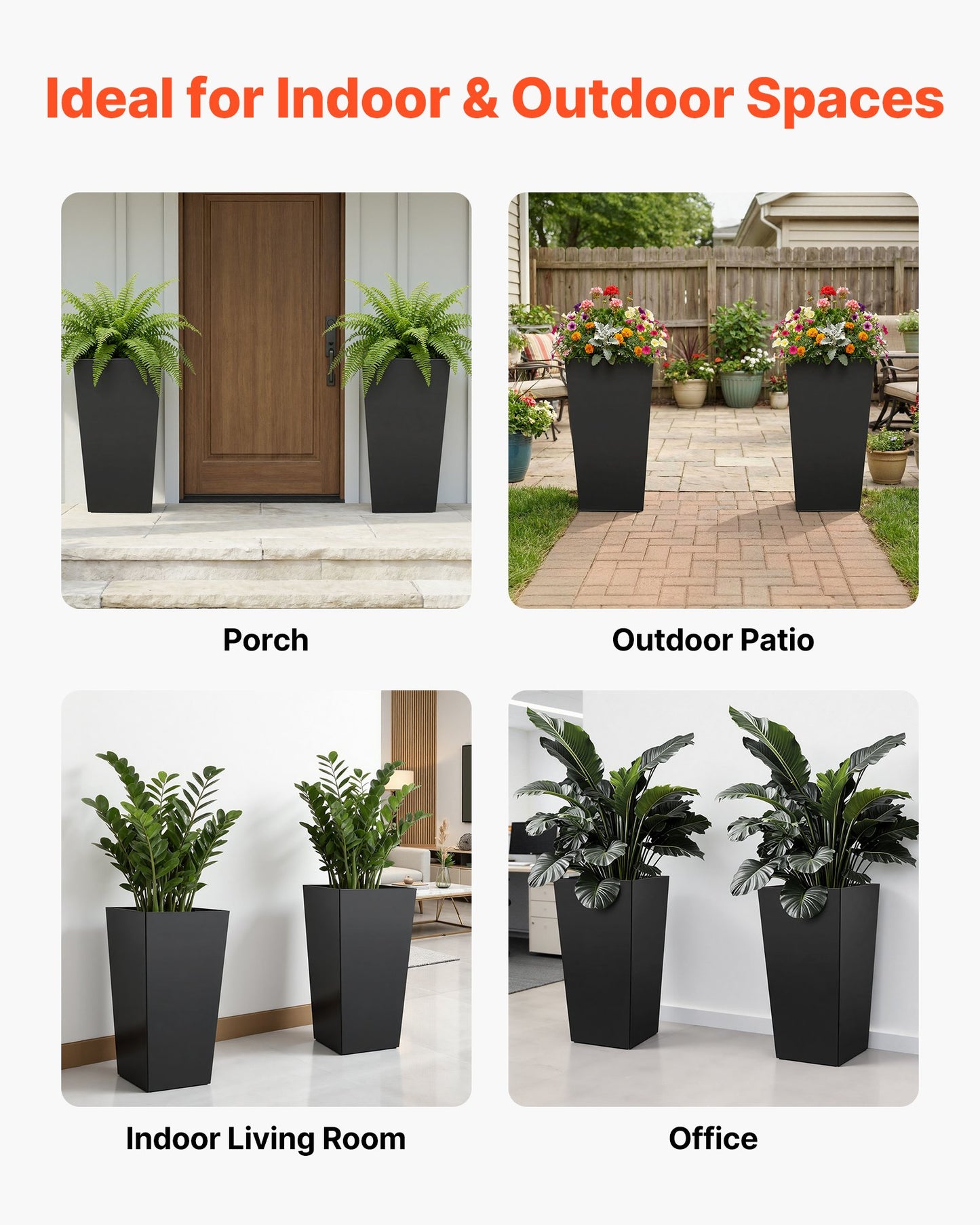 Tall Planters Set of 2, 750 mm Large Outdoor Taper Planters for Outdoor Indoor Plants, Front Porch Plastic Modern Flower Pots with Casters, Inner Pot & Drainage Holes for Patio, Garden, Black