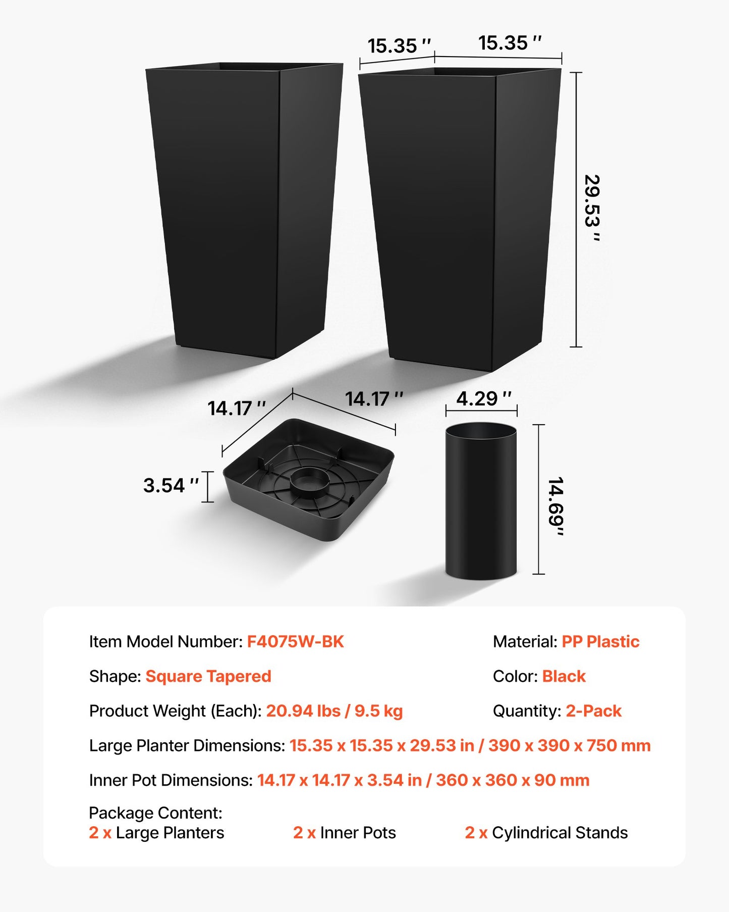 Tall Planters Set of 2, 750 mm Large Outdoor Taper Planters for Outdoor Indoor Plants, Front Porch Plastic Modern Flower Pots with Casters, Inner Pot & Drainage Holes for Patio, Garden, Black