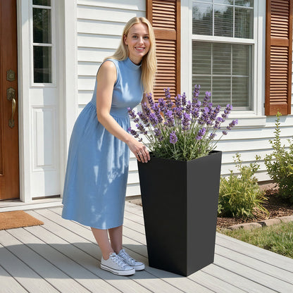 Tall Planters Set of 2, 750 mm Large Outdoor Taper Planters for Outdoor Indoor Plants, Front Porch Plastic Modern Flower Pots with Casters, Inner Pot & Drainage Holes for Patio, Garden, Black