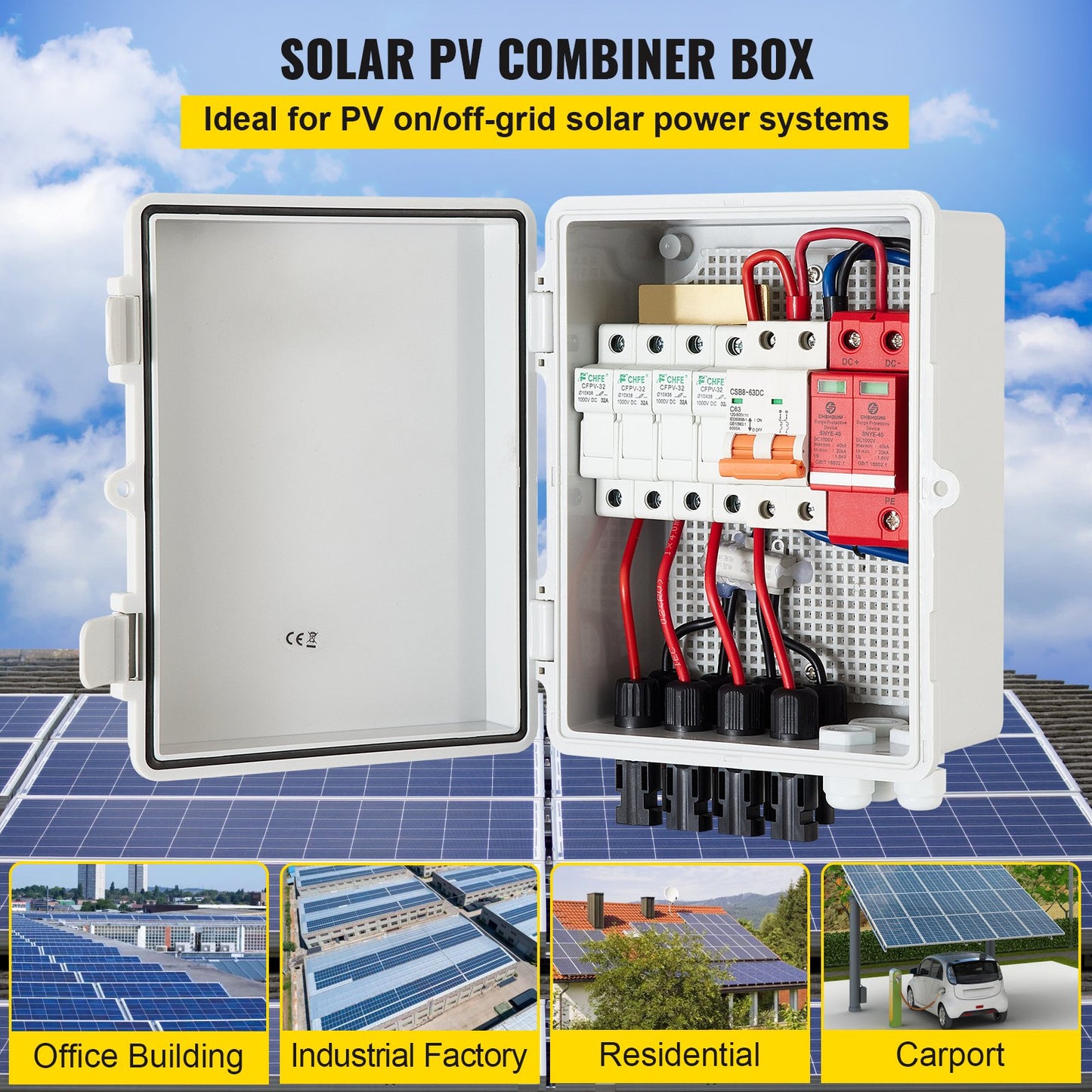 VEVOR PV Combiner Box, 4 String with 15A Rated Current Fuse, 63A Circuit Breaker,