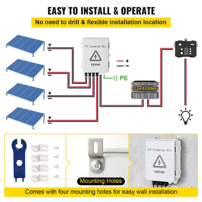 4-String PV Combiner Box with 15A Fuse & 63A Breaker for Solar Panel Systems