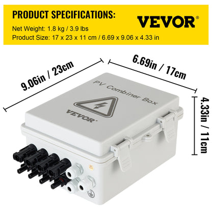 VEVOR PV Combiner Box, 4 String with 15A Rated Current Fuse, 63A Circuit Breaker,