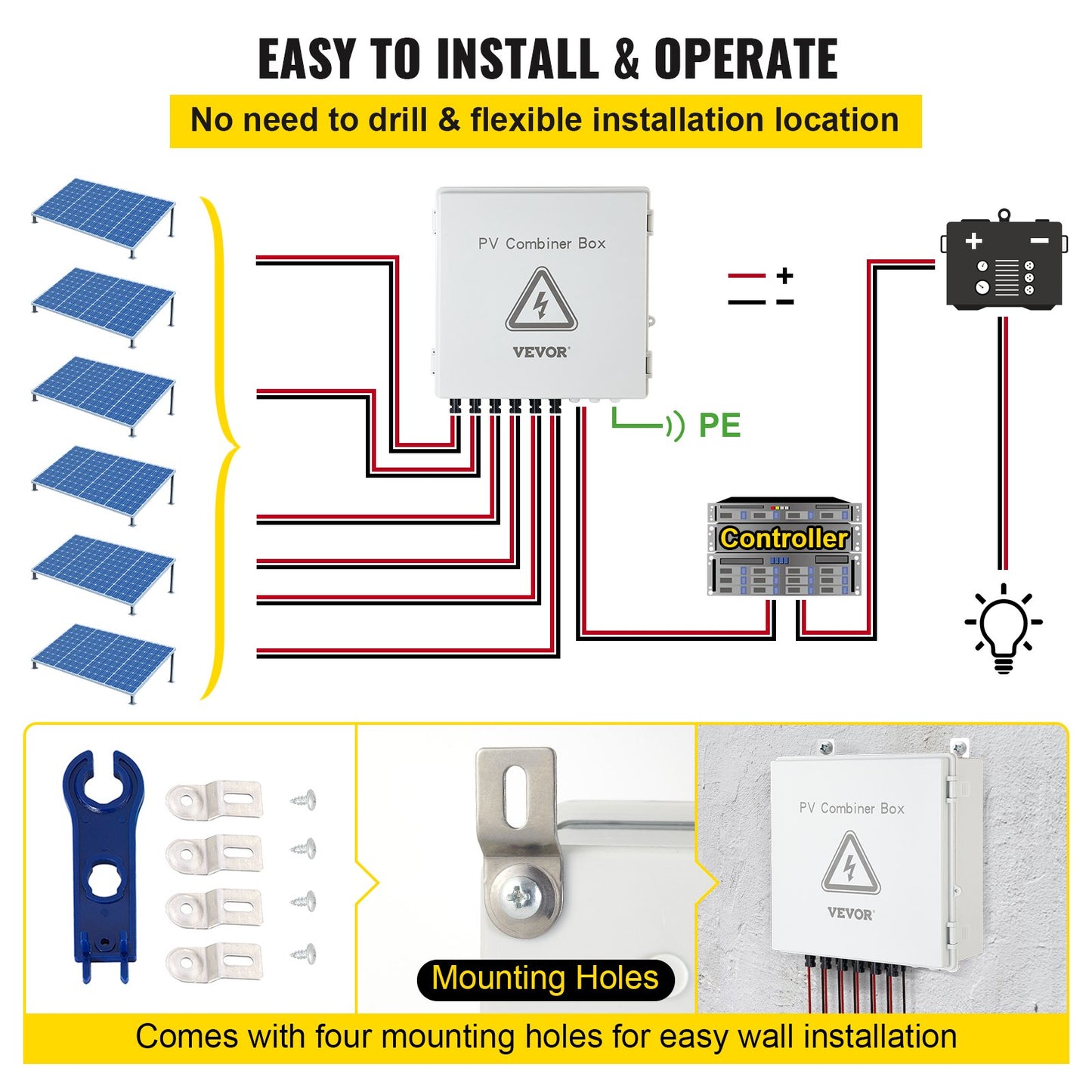 VEVOR Solar Combiner Box PV Combiner 15A 6 String Plastic for Solar Panel Kit