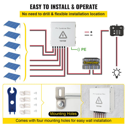 VEVOR Solar Combiner Box PV Combiner 15A 6 String Plastic for Solar Panel Kit