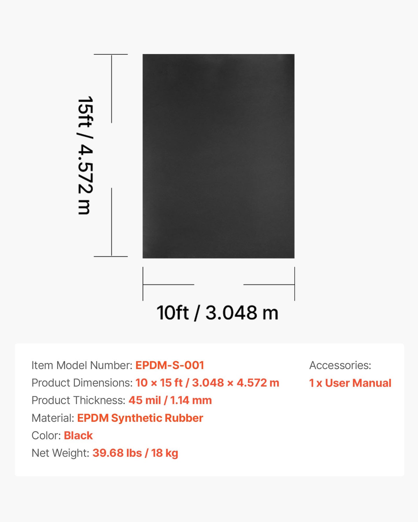Roll Roofing, 3 x 4.57 mt, 45 mil EPDM Rubber Roofing, Long Lifespan & Weather-resistant, Withstands Harsh Temperatures, Flexible & Easy Installation, Roof Underlayment for RVs, Roofs, Ponds