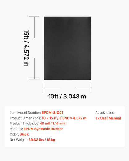 Roll Roofing, 3 x 4.57 mt, 45 mil EPDM Rubber Roofing, Long Lifespan & Weather-resistant, Withstands Harsh Temperatures, Flexible & Easy Installation, Roof Underlayment for RVs, Roofs, Ponds