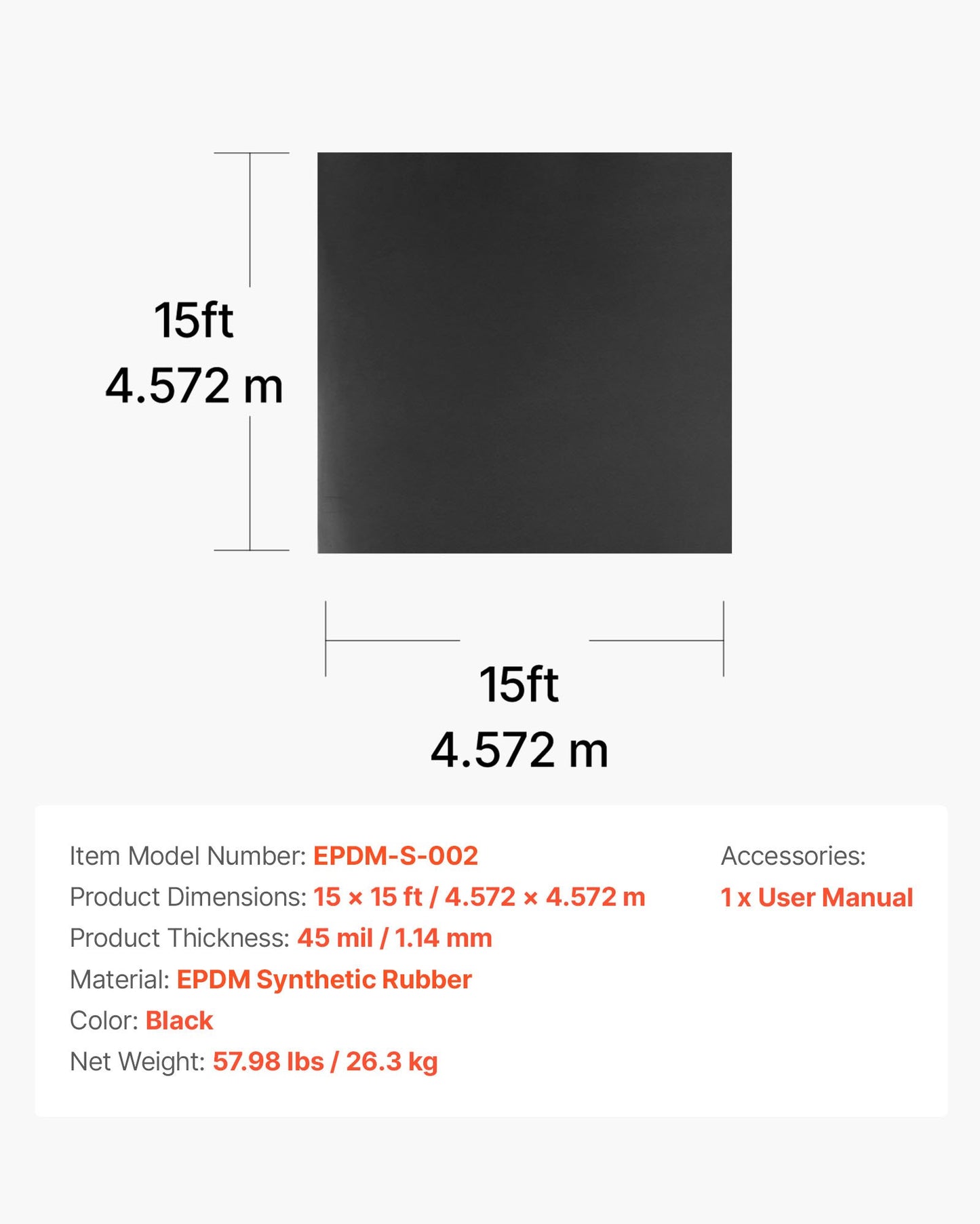 Roll Roofing, 4.57 x 4.57 m, 45 mil EPDM Rubber Roofing, Long Lifespan & Weather-resistant, Withstands Harsh Temperatures, Flexible & Easy Installation, Roof Underlayment for RVs, Roofs, Ponds