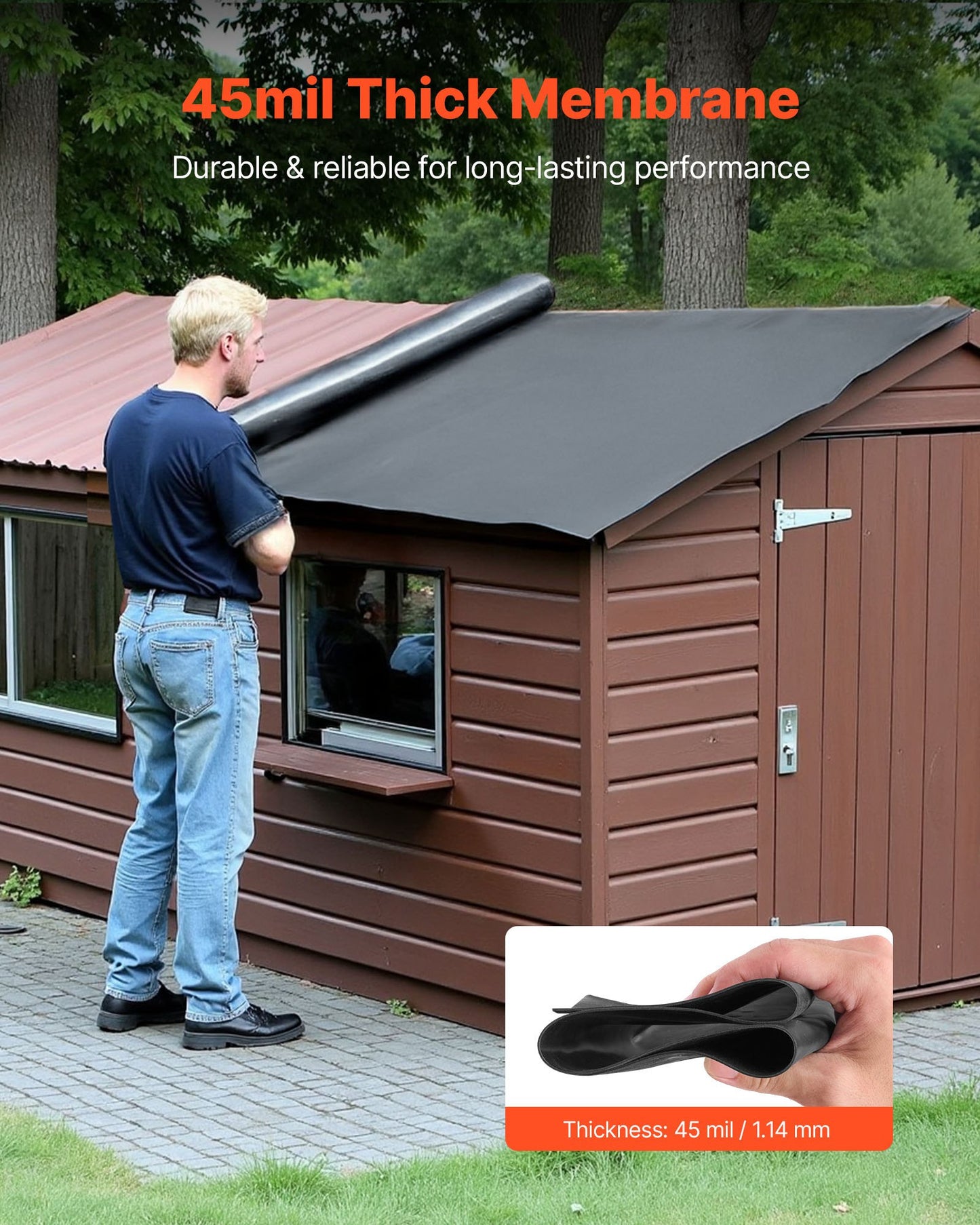 Roll Roofing, 4.57 x 6 m, 45 mil EPDM Rubber Roofing, Long Lifespan & Weather-resistant, Withstands Harsh Temperatures, Flexible & Easy Installation, Roof Underlayment for RVs, Roofs, Ponds