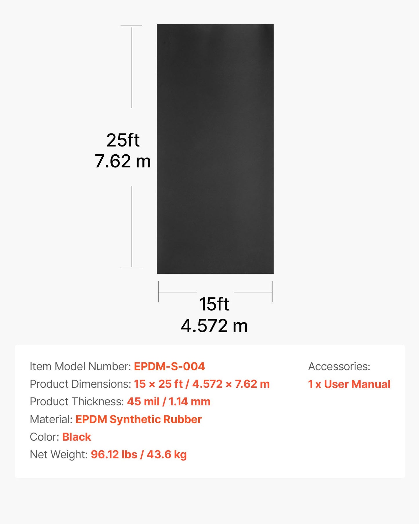 Roll Roofing, 4.57 x 7.62 m, 45 mil EPDM Rubber Roofing, Long Lifespan & Weather-resistant, Withstands Harsh Temperatures, Flexible & Easy Installation, Roof Underlayment for RVs, Roofs, Ponds