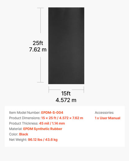 Roll Roofing, 4.57 x 7.62 m, 45 mil EPDM Rubber Roofing, Long Lifespan & Weather-resistant, Withstands Harsh Temperatures, Flexible & Easy Installation, Roof Underlayment for RVs, Roofs, Ponds