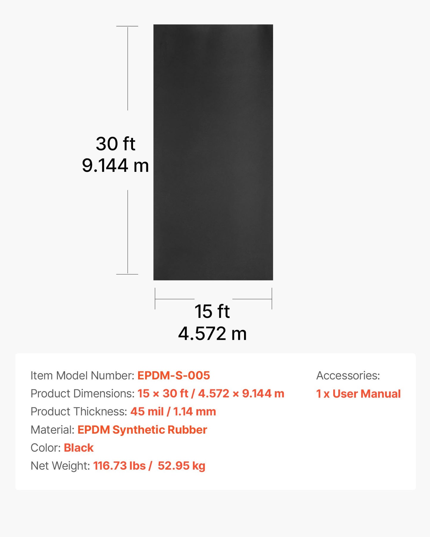 Roll Roofing, 4.57 x 9.14 m, 45 mil EPDM Rubber Roofing, Long Lifespan & Weather-resistant, Withstands Harsh Temperatures, Flexible & Easy Installation, Roof Underlayment for RVs, Roofs, Ponds
