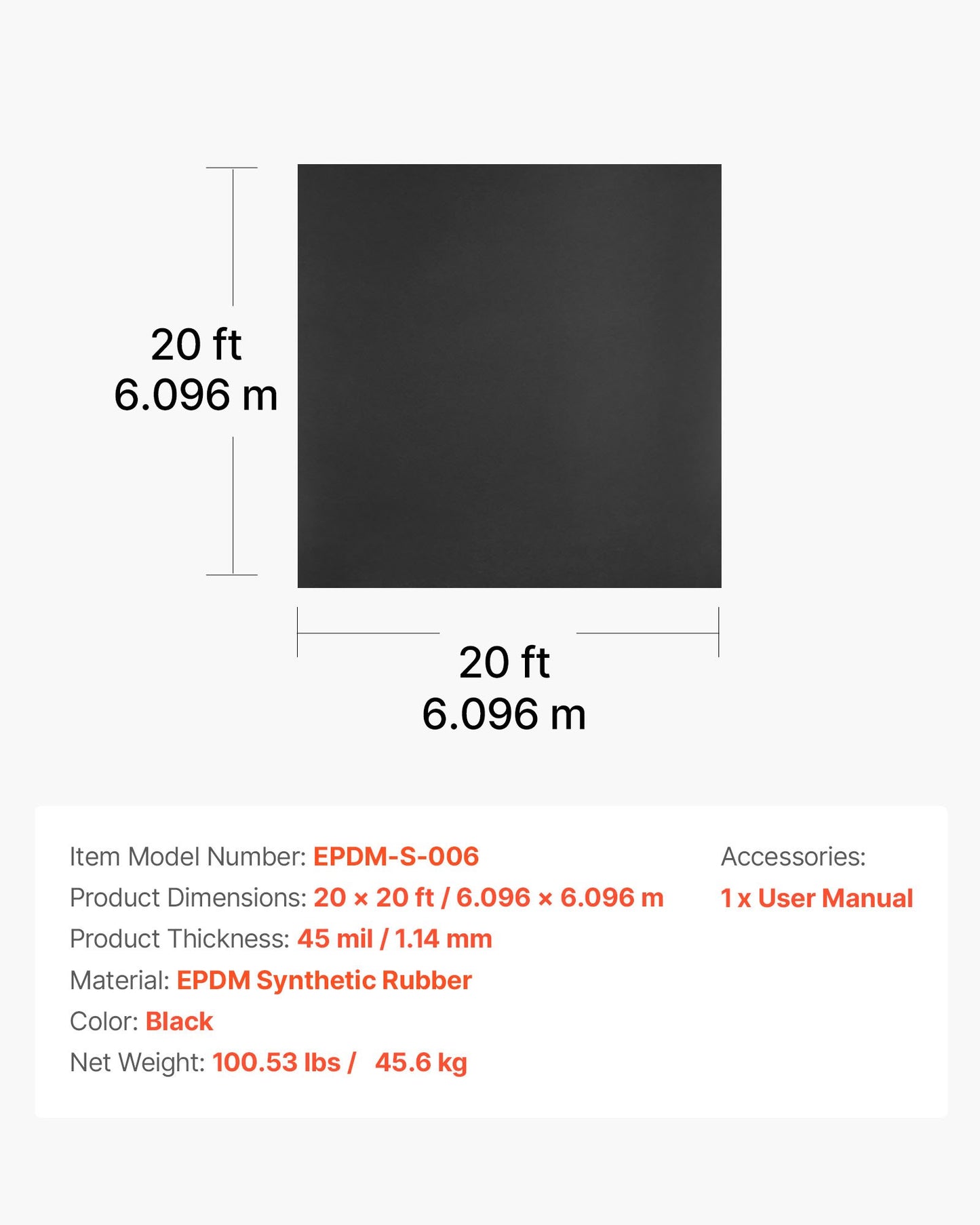 Roll Roofing, 6 x 6 m, 45 mil EPDM Rubber Roofing, Long Lifespan & Weather-resistant, Withstands Harsh Temperatures, Flexible & Easy Installation, Roof Underlayment for RVs, Roofs, Ponds
