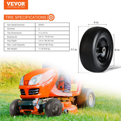 Tubeless 11x4-7m Lawn Mower Tires with Rim, 2-Pack, Flat-Free PU Tires