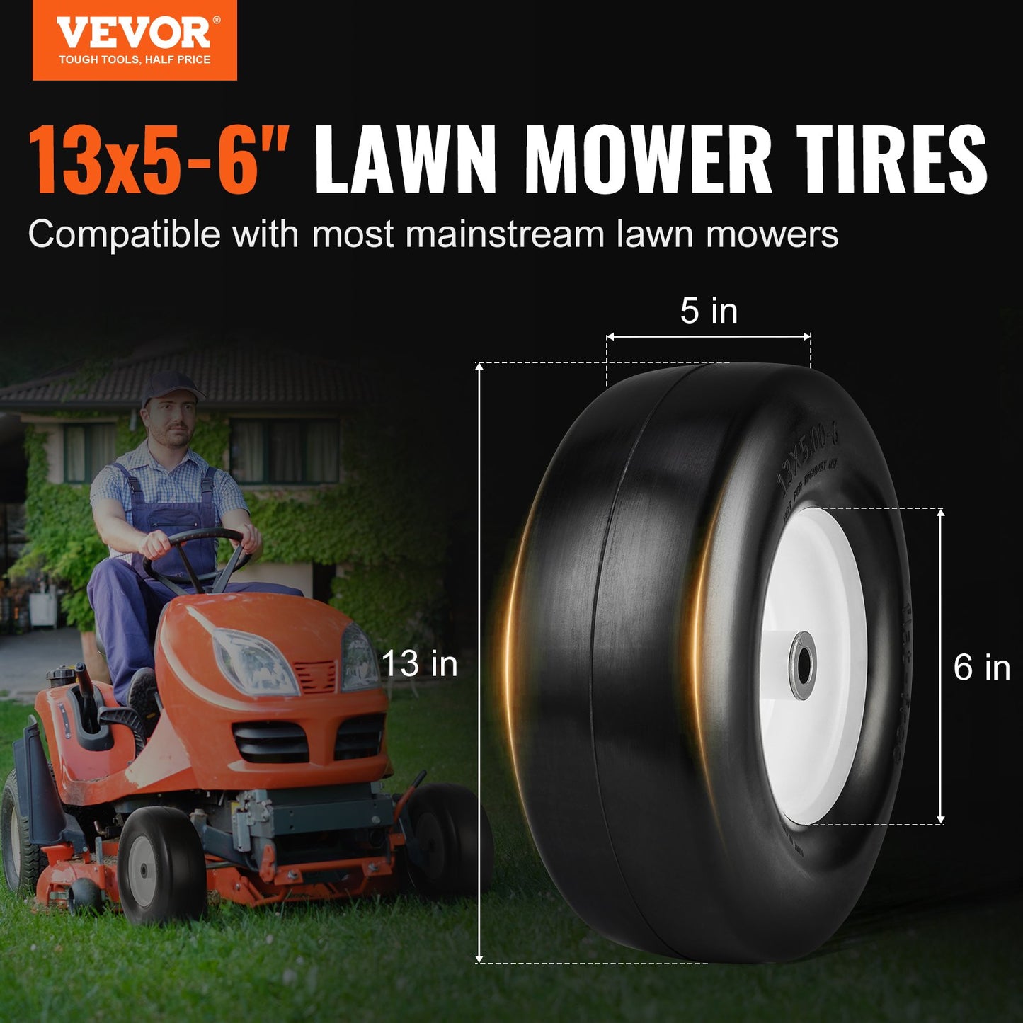 VEVOR Lawn Mower Tires with Rim, 13x5-6" Tubeless Tractor Tires, 2-Pack Tire and