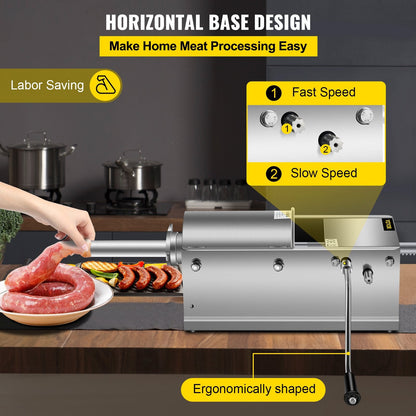 Manual 3L Sausage Stuffer, Dual-Speed Horizontal Machine with 5 Tubes
